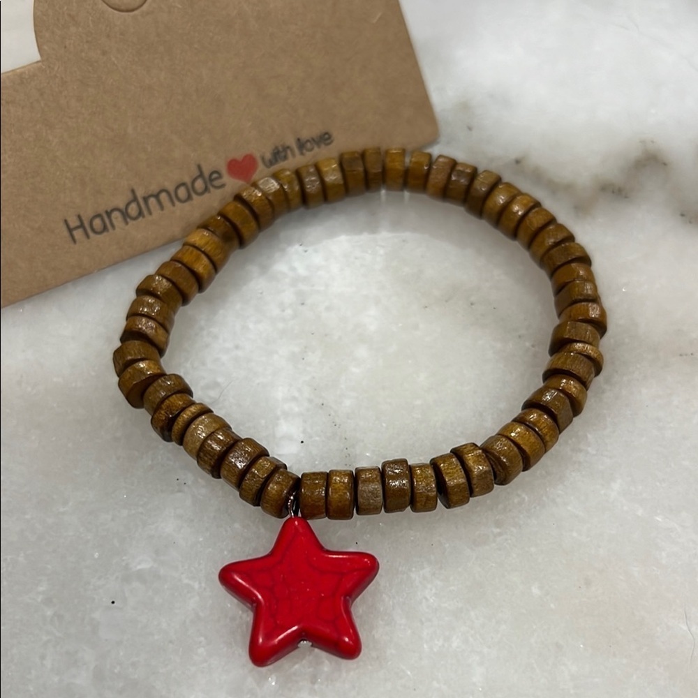 Wooden Bead Bracelet with Wagnerite Red Star Charm